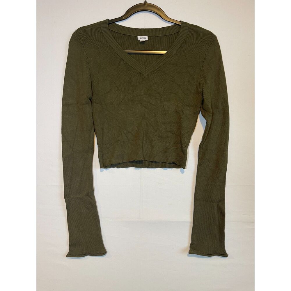 Garage Olive Green Marbled Ribbed V Neck Cropped Long Sleeve Sweater Top Medium